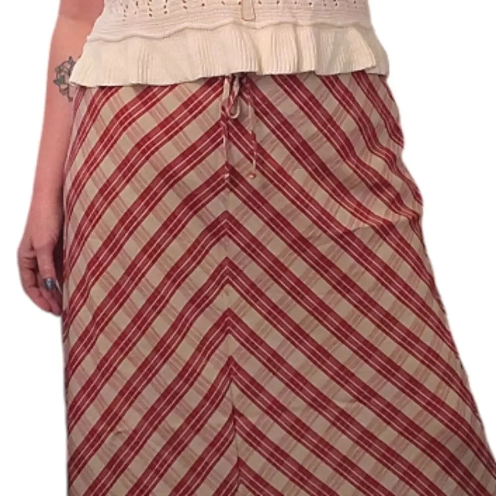VTG 70s Red Tan Chevron Plaid Prairie Maxi Skirt SZ 10 Flax Blend High Waist